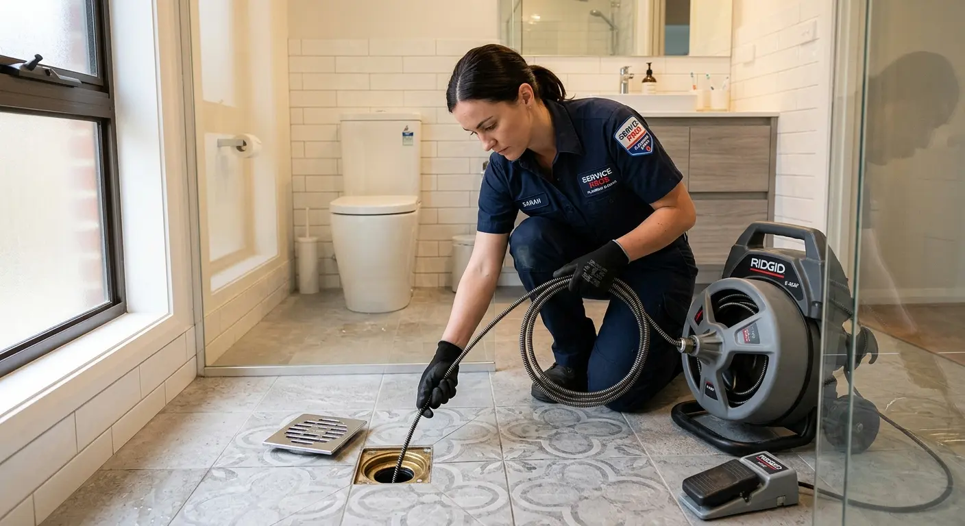 Technician clearing a bathroom floor drain for Hydro Jetting in Paradise Valley
